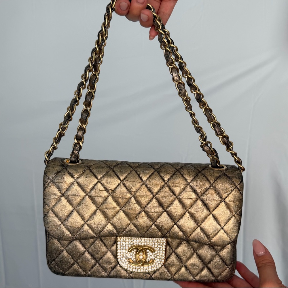 Rare CHANEL Iridescent Gold Black Small Quilted Crossbody Bag Crystal CC
